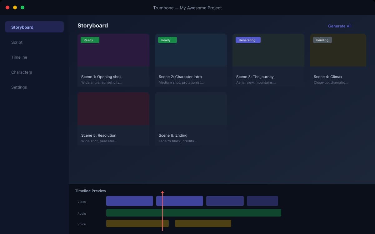 Trumbone app — storyboard view with timeline