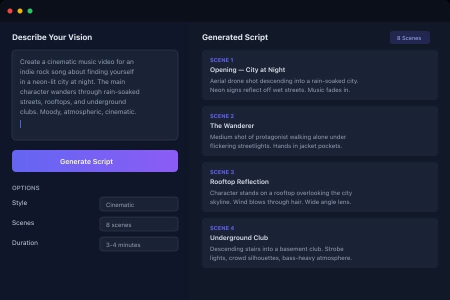 Script editor with AI prompt and generated scenes