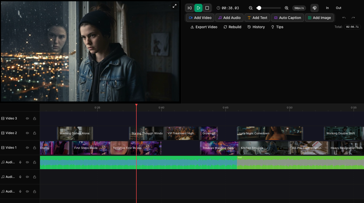 Multiple regenerated storylines on separate timeline tracks in Trumbone